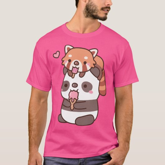 Schattigee rode panda en panda eten ijs voor de zo t-shirt (Voorkant)