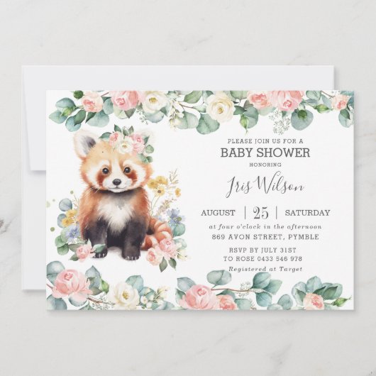 Schattigee Rode Panda Roze Bloemen Greenery Baby s Kaart (Voorkant)