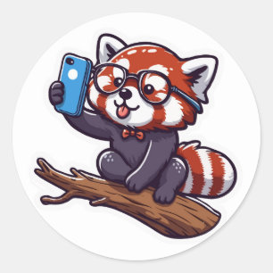 Schattigee Rode Panda Selfie Illustratie Ronde Sticker