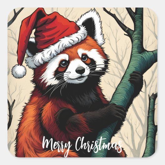 Schattigee rode pandaboom tak kerst vierkante sticker (Voorkant)