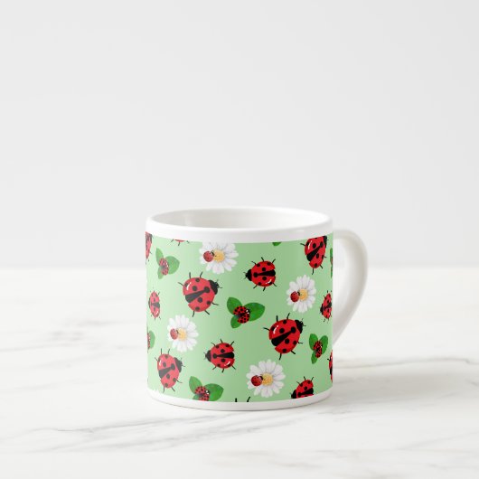 Schattigee rode polka dot Ladybug Daisy bloemenzom Espresso Kop (Voorkant rechts)
