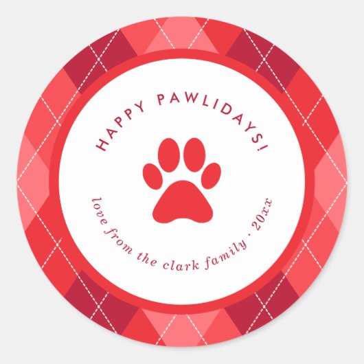 Schattigee rode poot print Happy Pawholidays Kerst Ronde Sticker (Voorkant)