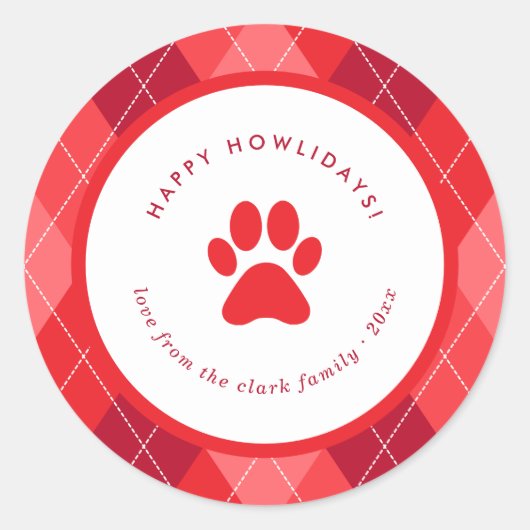Schattigee rode pow print Happy Howlidays Christma Ronde Sticker (Voorkant)