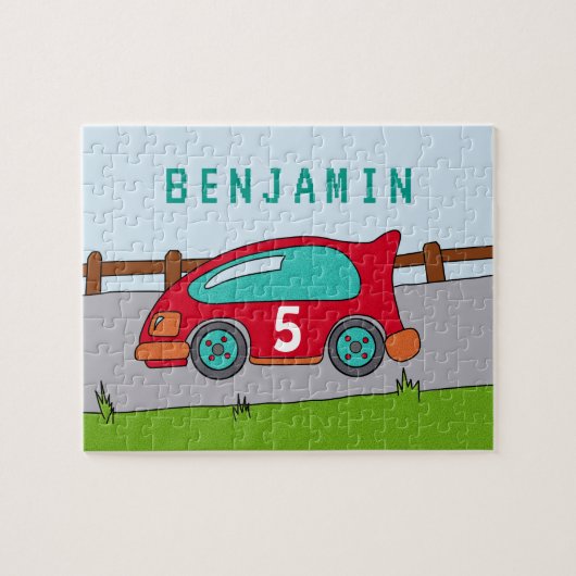 Schattigee Rode Racing Auto Kinderen Puzzel met Na Legpuzzel (Horizontaal)
