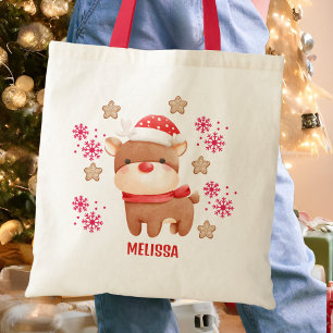 Schattigee rode rendiernaam tote bag