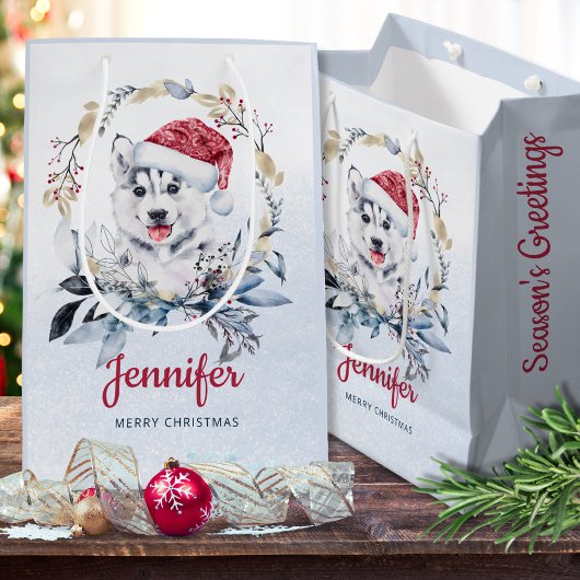 Schattigee Rode Santa Hat Husky Dog Kerstkrans Medium Cadeauzakje