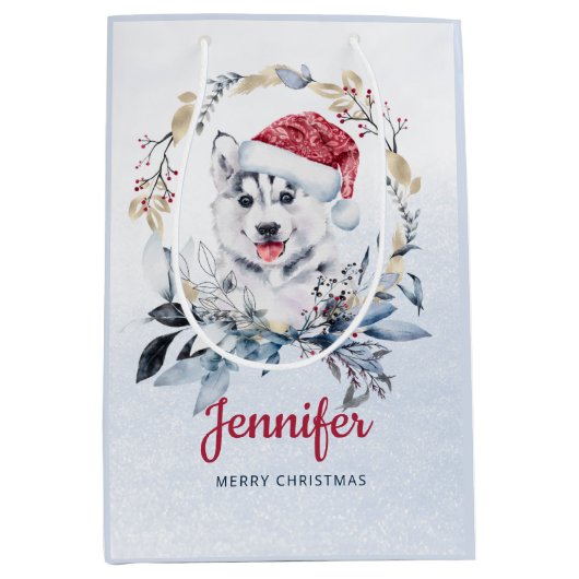 Schattigee Rode Santa Hat Husky Dog Kerstkrans Medium Cadeauzakje (Voorkant)