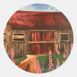 Schattigee Rode Schuur en Wildflowers Schilderij Ronde Sticker