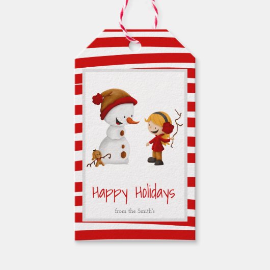 Schattigee Rode Strepen Meisje Hond Sneeuwman Kers Cadeaulabel (Voorkant)