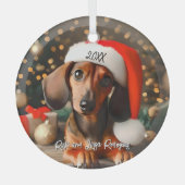 Schattigee Rode Tachshund Puppy met Santa Hat Glas Ornament (Voorkant)