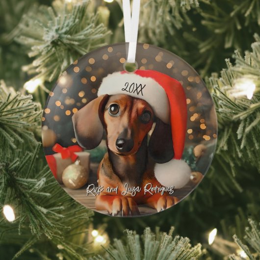 Schattigee Rode Tachshund Puppy met Santa Hat Glas Ornament (Insitu)
