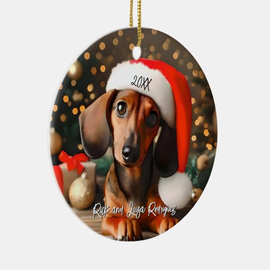 Schattigee Rode Tachshund Puppy met Santa Hat Keramisch Ornament (Rechts)