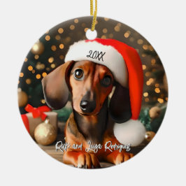Schattigee Rode Tachshund Puppy met Santa Hat Keramisch Ornament