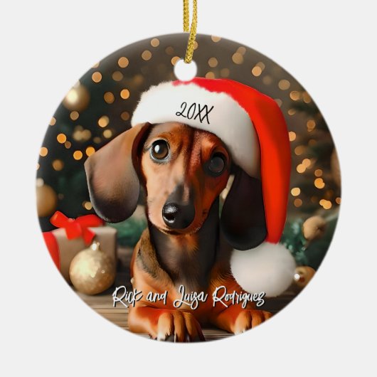 Schattigee Rode Tachshund Puppy met Santa Hat Keramisch Ornament (Voorkant)