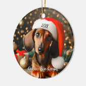 Schattigee Rode Tachshund Puppy met Santa Hat Keramisch Ornament (Links)