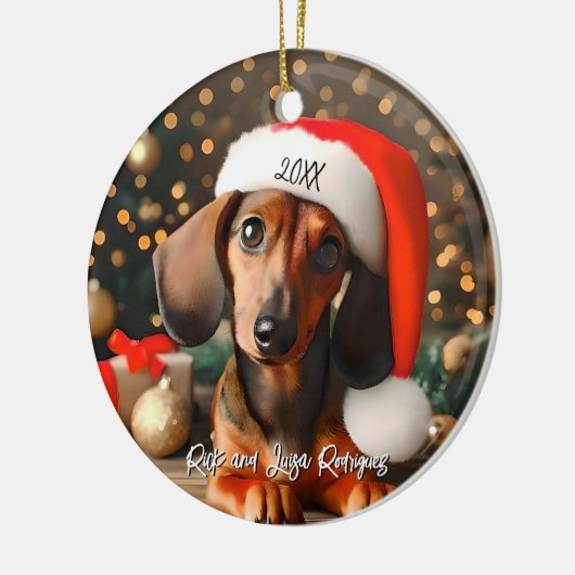 Schattigee Rode Tachshund Puppy met Santa Hat Keramisch Ornament (Links)