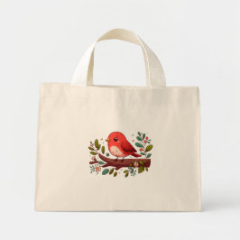 Schattigee rode vogel op een tak met bloemen mini tote bag