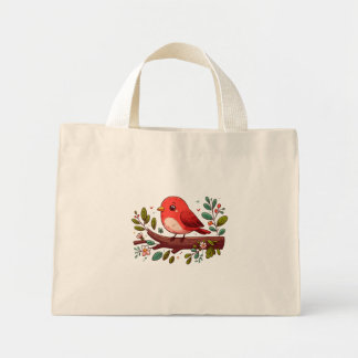 Schattigee rode vogel op een tak met bloemen mini tote bag