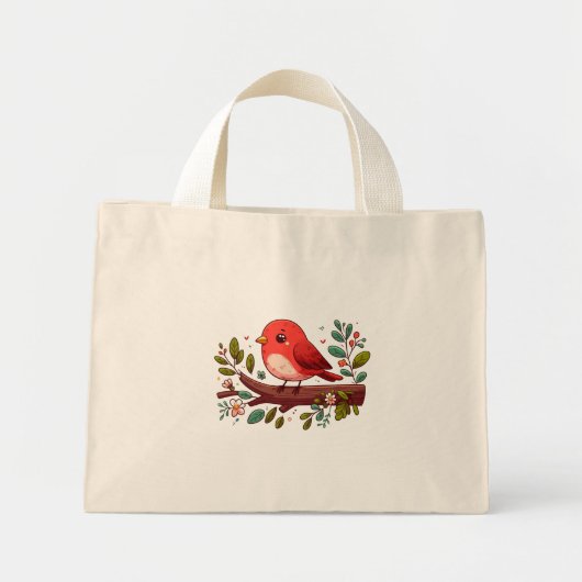 Schattigee rode vogel op een tak met bloemen mini tote bag (Voorkant)