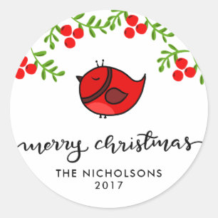 Schattigee rode vogel vrolijk kerstfeest handgesch ronde sticker