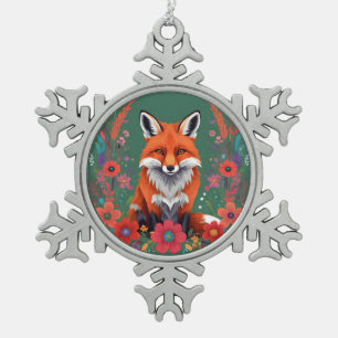 Schattigee rode vos en bloemetjes tin sneeuwvlok ornament