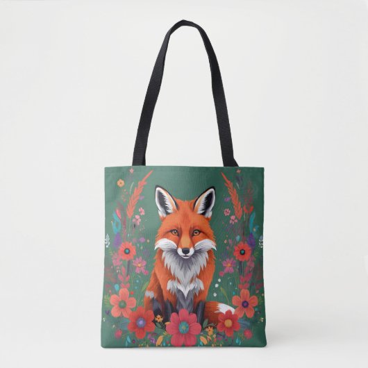 Schattigee rode vos en bloemetjes tote bag (Voorkant)