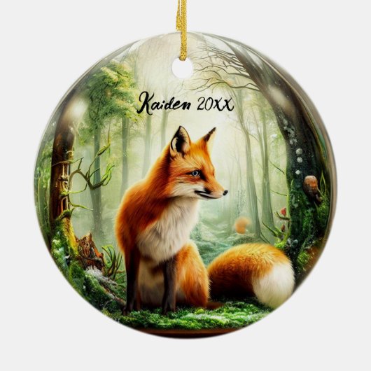 Schattigee rode vos in sneeuwbol keramisch ornament (Achterkant)