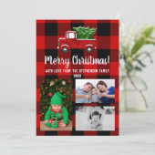Schattigee rode vrachtwagen rustieke kerst familie kaart (Staand voorkant)
