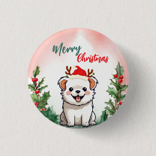 Schattigee Rode Vrolijke Kersthond Puppy Santa Xma Ronde Button 3,2 Cm