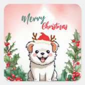Schattigee Rode Vrolijke Kersthond Puppy Santa Xma Vierkante Sticker (Voorkant)
