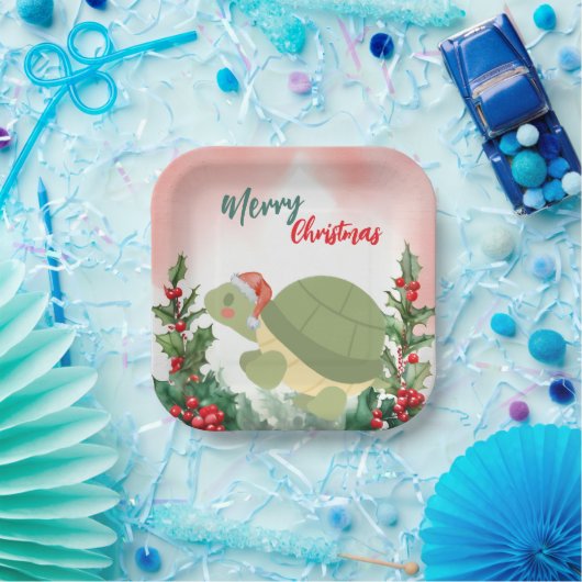 Schattigee Rode Vrolijke Kerstschildpad Kerstfeest Papieren Bordje (Feest)