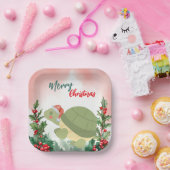 Schattigee Rode Vrolijke Kerstschildpad Kerstfeest Papieren Bordje (Feest)