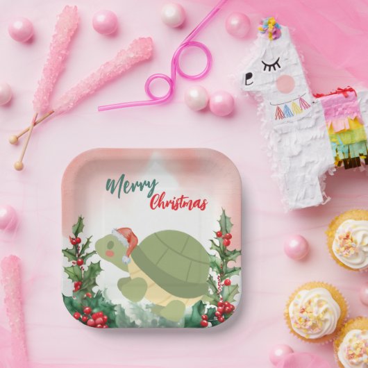 Schattigee Rode Vrolijke Kerstschildpad Kerstfeest Papieren Bordje (Feest)