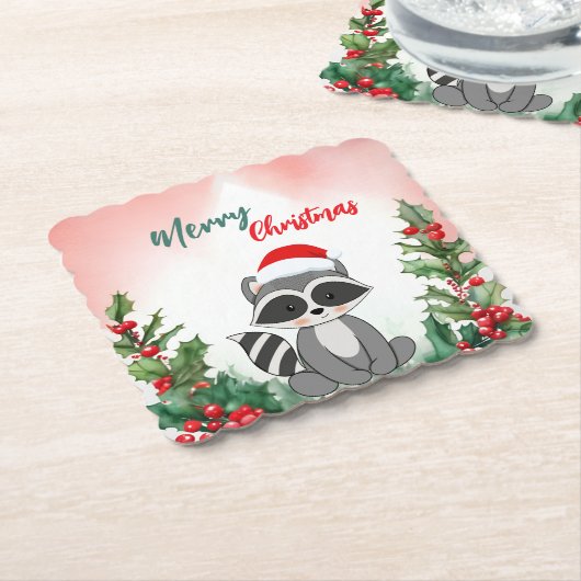 Schattigee Rode Vrolijke Kerstwasbeer Kerstfeest Kartonnen Onderzetters (Gebogen)