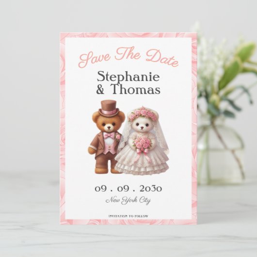 Schattigee romantische teddybeer bruidegom en brui save the date (Staand voorkant)