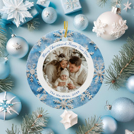 Schattigee Ronde Blauwe Sneeuwvlok Kerstfoto Keramisch Ornament