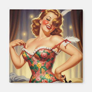 Schattigee roodharige pin-up meisje met hond magneet