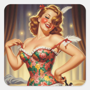 Schattigee roodharige pin-up meisje met hond vierkante sticker