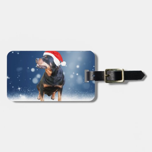 Schattigee Rottweiler Dog Christmas Santa Hat Snee Bagagelabel (Voorkant horizontaal)