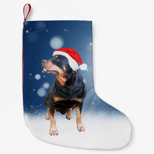 Schattigee Rottweiler Dog Christmas Santa Hat Snee Kleine Kerstsok (Voorkant)