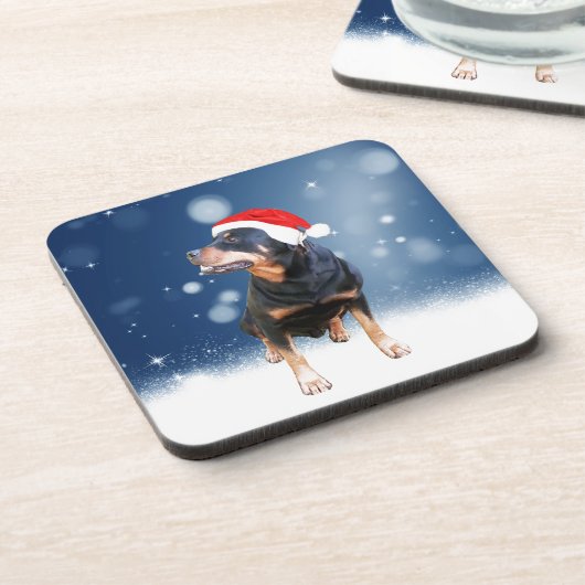 Schattigee Rottweiler Dog Christmas Santa Hat Snee Onderzetter (Linkerzijde)