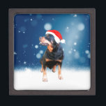 Schattigee Rottweiler Dog Christmas Santa Hat Snee Premium Decoratiedoosje<br><div class="desc">Een schattige Rottweiler Hond met rode kerstmuts met sneeuw en sterren op de achtergrond.</div>