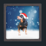 Schattigee Rottweiler Dog Christmas Santa Hat Snee Premium Decoratiedoosje<br><div class="desc">Een schattige Rottweiler Hond met rode kerstmuts met sneeuw en sterren op de achtergrond.</div>