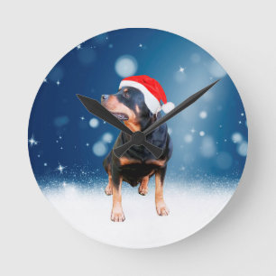 Schattigee Rottweiler Dog Christmas Santa Hat Snee Ronde Klok