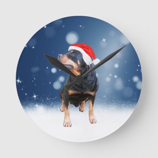 Schattigee Rottweiler Dog Christmas Santa Hat Snee Ronde Klok (Voorkant)