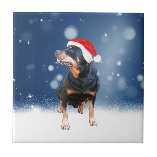 Schattigee Rottweiler Dog Christmas Santa Hat Snee Tegeltje (Voorkant)