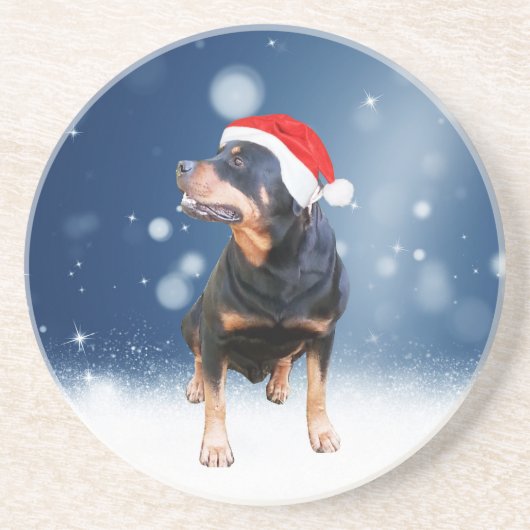 Schattigee Rottweiler Dog Christmas Santa Hat Snee Zandsteen Onderzetter (Voorkant)