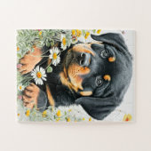 Schattigee Rottweiler Puppy Dog Waterverf Bloemen Legpuzzel (Horizontaal)