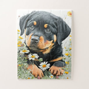 Schattigee Rottweiler Puppy Dog Waterverf Bloemen Legpuzzel