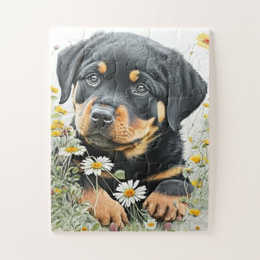 Schattigee Rottweiler Puppy Dog Waterverf Bloemen Legpuzzel (Verticaal)